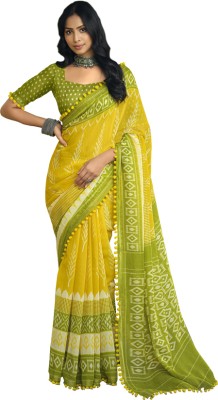 Chudiya Printed Daily Wear Cotton Linen Saree(Yellow)