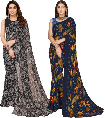kashvi sarees Floral Print, Polka Print, Ombre, Printed Bollywood Georgette Saree(Pack of 2, Dark Blue, Black)