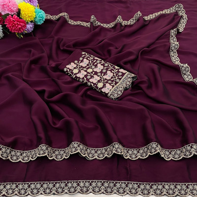 JIVI CLOTHING Self Design, Solid/Plain, Embroidered Bollywood Chiffon Saree(Purple)
