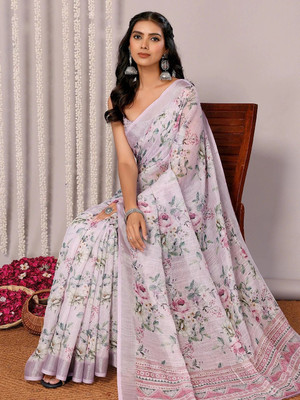 Janasya Floral Print Daily Wear Cotton Blend Saree(Purple)