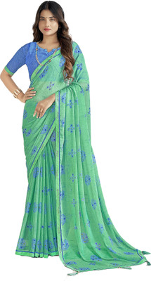 INDONIQ Printed Bollywood Chiffon, Lace Saree(Light Blue, Light Green)