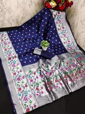 AAGIRI Self Design, Floral Print, Embellished, Woven, Applique Banarasi Jacquard, Art Silk Saree(Dark Blue)