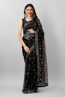 Zintargo Embroidered Bollywood Net Saree(Black)