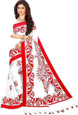 Joyguru Textile Printed Handloom Pure Cotton Saree(White)