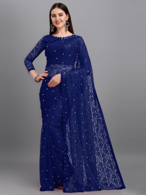 LOROFY Self Design Bollywood Net Saree(Dark Blue)