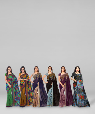 kashvi sarees Printed Bollywood Georgette Saree(Pack of 6, Multicolor)