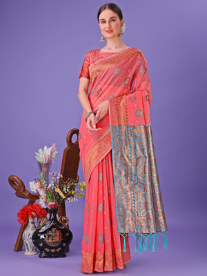 Divastri Woven Banarasi Cotton Linen Saree(Orange)