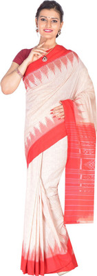 handloom paridhaan Printed, Striped Daily Wear Pure Cotton Saree(White)