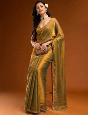 Saaransh Solid/Plain, Self Design Bollywood Chiffon, Crepe Saree(Gold)