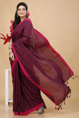 SMRITI HANDLOOM Solid/Plain Handloom Handloom Pure Cotton Saree(Magenta, Red)