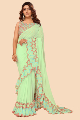 PATLANI STYLE Embroidered Pre Draped Saree Georgette Saree(Light Green)