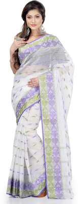 Desh Bidesh Self Design, Paisley, Temple Border, Striped, Woven Handloom Handloom Pure Cotton Saree(Purple, Green)
