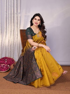 supremesarees Solid/Plain Banarasi Organza Saree(Mustard)