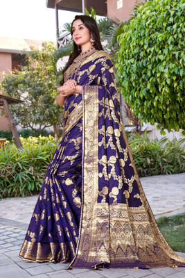 RIVETSTYLE Woven Bollywood Silk Blend, Jacquard Saree(Blue)
