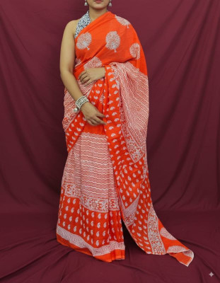Reet Designer Printed Daily Wear Cotton Blend Saree(Orange)