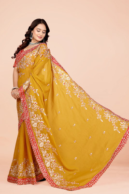 Aksh Fashion Embroidered Bollywood Georgette Saree(Yellow)