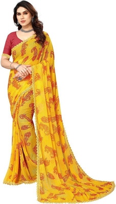 RAJESHWAR FASHION Printed Bollywood Georgette Saree(Mustard, Yellow, Red)