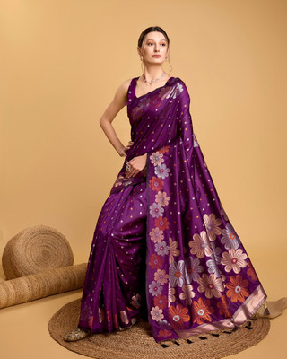 GajGajra Woven, Floral Print Banarasi Pure Silk Saree(Purple)