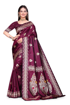 GHODTEXTILE Woven, Self Design, Floral Print, Temple Border Banarasi Pure Silk Saree(Purple)