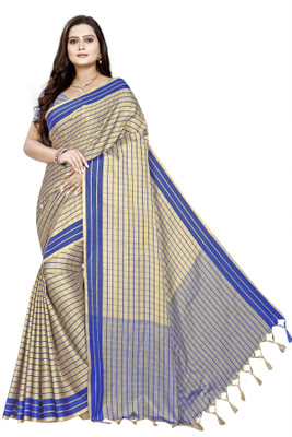 3Buddy Fashion Checkered, Self Design Daily Wear Cotton Silk Saree(Beige, Blue)