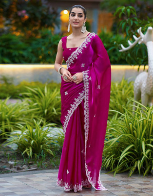 Satrani Embroidered, Embellished Bollywood Jimmy choo, Tissue Saree(Pink)
