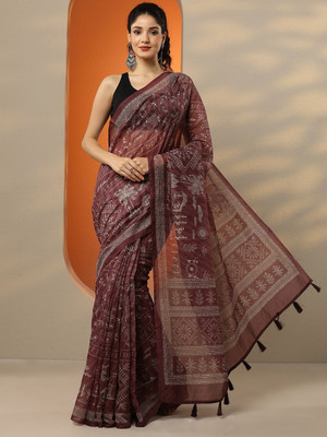 LIBAS Printed Kalamkari Silk Blend Saree(Brown)