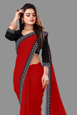 Jevlan Solid/Plain Bollywood Georgette Saree(Red)