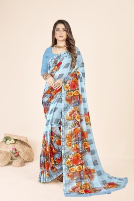 RAJUL Floral Print Bollywood Georgette Saree(Light Blue)