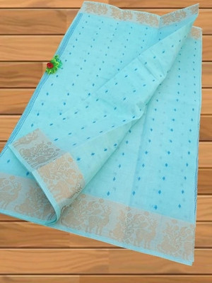 Happy Creation Printed Tant Handloom Cotton Blend Saree(White, Blue)