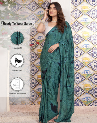 Samah Printed Bollywood Georgette Saree(Dark Green, Black)