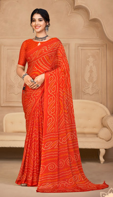 JustEthnic Printed Bandhani Chiffon Saree(Orange)