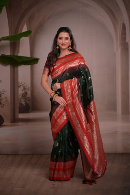 HouseOfCommon Woven Banarasi Cotton Silk Saree(Green)