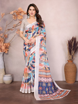 Soor Panchi Digital Print Paithani Cotton Linen Saree(Orange)