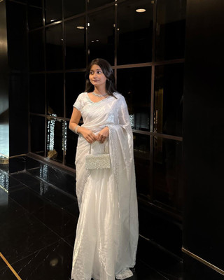 MAHADEV Solid/Plain Daily Wear Chiffon Saree(White)