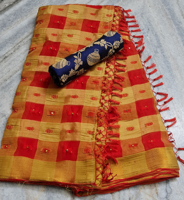 MINE CHOICE Color Block, Woven, Checkered Daily Wear Viscose Rayon, Chiffon Saree(Red, Cream)