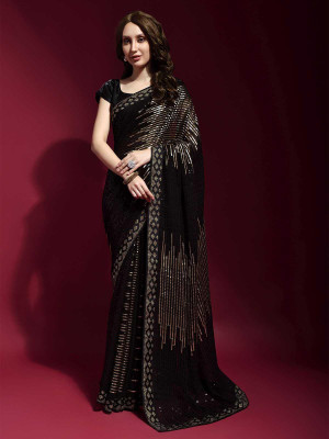 odette Embellished Saree with Attached Blouse Georgette Saree(Black)