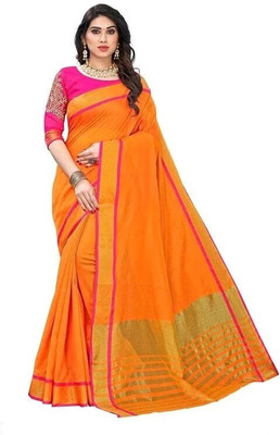 Suhaniok Solid/Plain Chanderi Cotton Silk Saree(Orange)