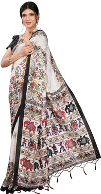 Priyashi Floral Print Daily Wear Art Silk Saree(White, Black)