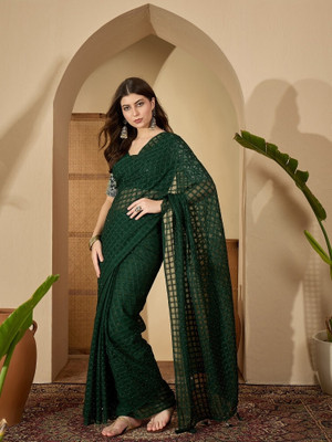 Dori Self Design Bollywood Silk Blend Saree(Dark Green)