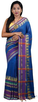 ANAMIKA Store Striped Handloom Cotton Blend Saree(Blue)