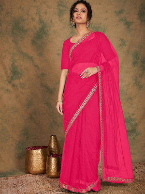 JSItaliya Solid/Plain Bollywood Net Saree(Pink)