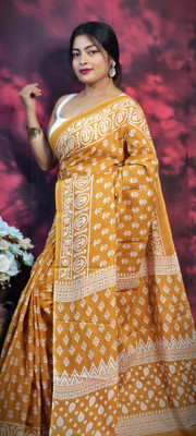 SARATHITEXTILE Printed Hand Batik Cotton Blend Saree(Yellow)
