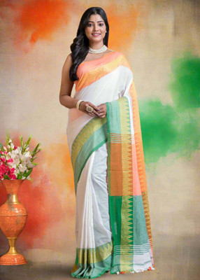 ADbutiq Woven Handloom Handloom Pure Cotton Saree(White)