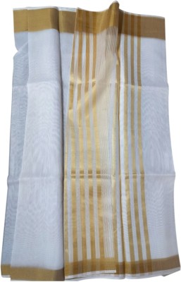 Signature Solid/Plain Kasavu Cotton Blend Saree(Gold, White)