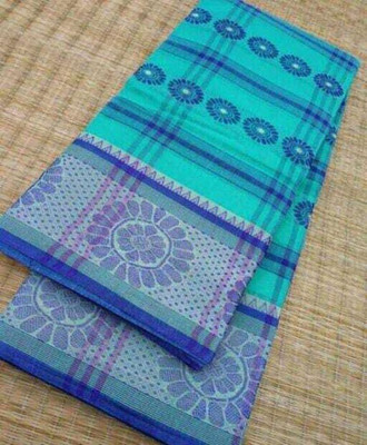 Ghosh handloom Temple Border Tant Cotton Blend Saree(Blue)