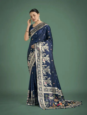 rendol Woven, Floral Print, Animal Print, Embellished Banarasi Satin Saree(Blue)