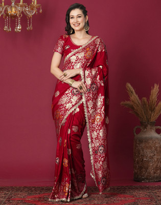 Satrani Woven, Embellished Banarasi Silk Blend, Cotton Blend Saree(Red)