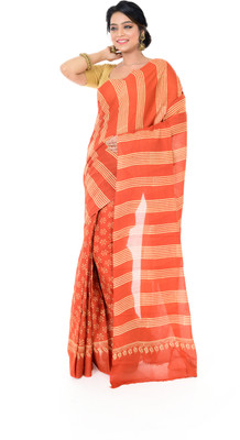 TANTUJA BENGAL HANDELOOM Printed Handloom Handloom Pure Cotton Saree(Orange)