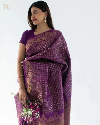 HANSIKA FASHION Temple Border Banarasi Silk Blend Saree(Purple)