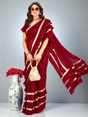 fFASHION Self Design, Striped, Solid/Plain, Embellished, Woven Bollywood Georgette Saree(Green)